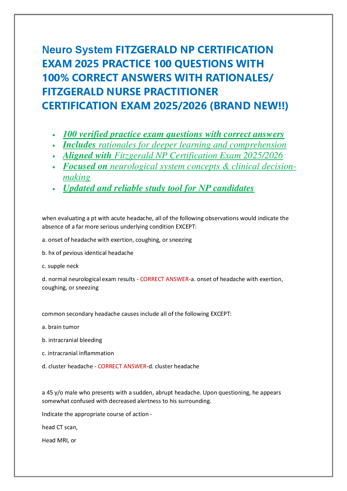 Recommended document preview for Neuro System FITZGERALD NP CERTIFICATION  EXAM 2025 PRACTICE 100 QUESTIONS WITH  100% CORRECT ANSWERS WITH RATIONALES/  FITZGERALD NURSE PRACTITIONER  CERTIFICATION EXAM 2025/2026 (BRAND NEW!!)