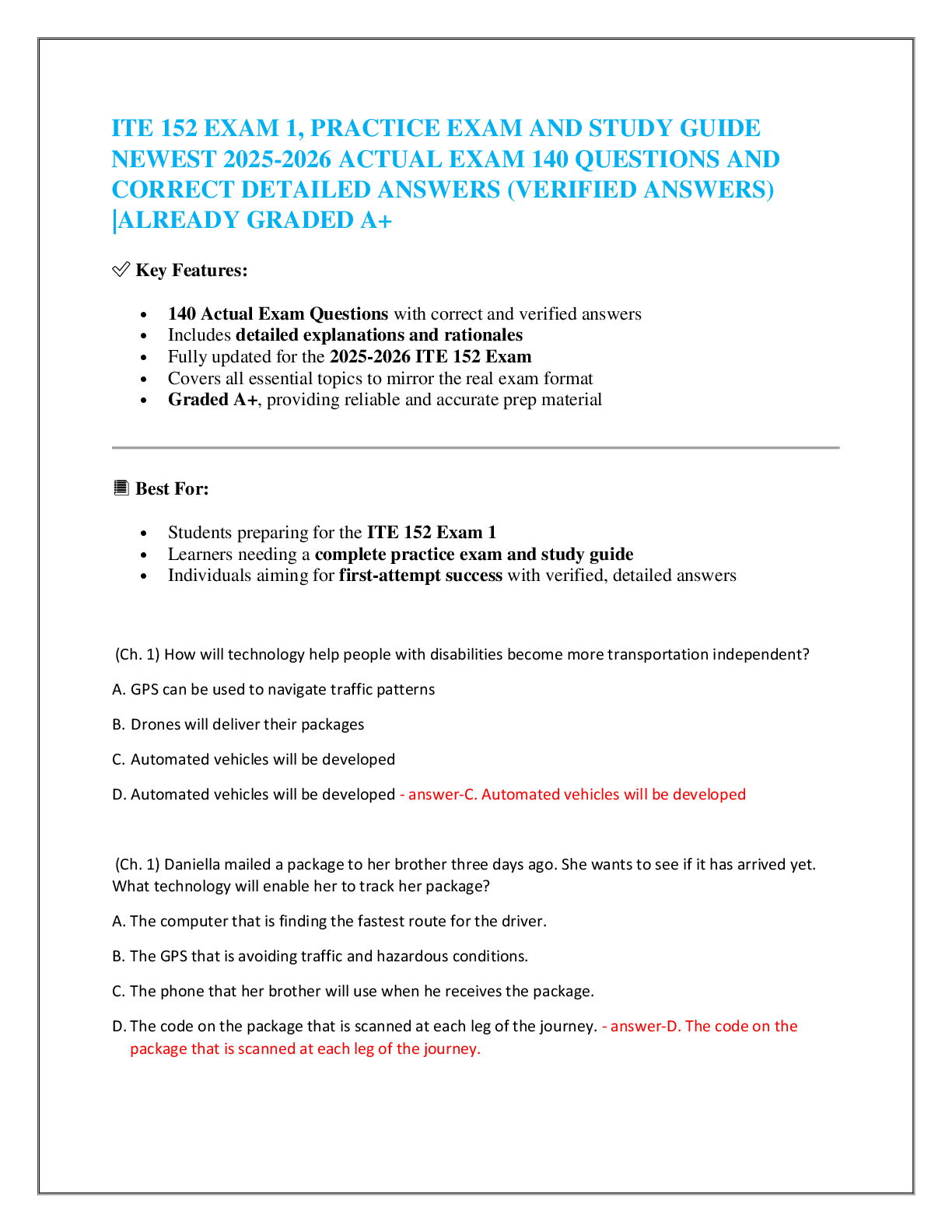 ITE 152 EXAM 1, PRACTICE EXAM AND STUDY GUIDE   NEWEST 2025-2026 ACTUAL EXAM 140 QUESTIONS AND   CORRECT DETAILED ANSWERS (VERIFIED ANSWERS)  |ALREADY GRADED A+
