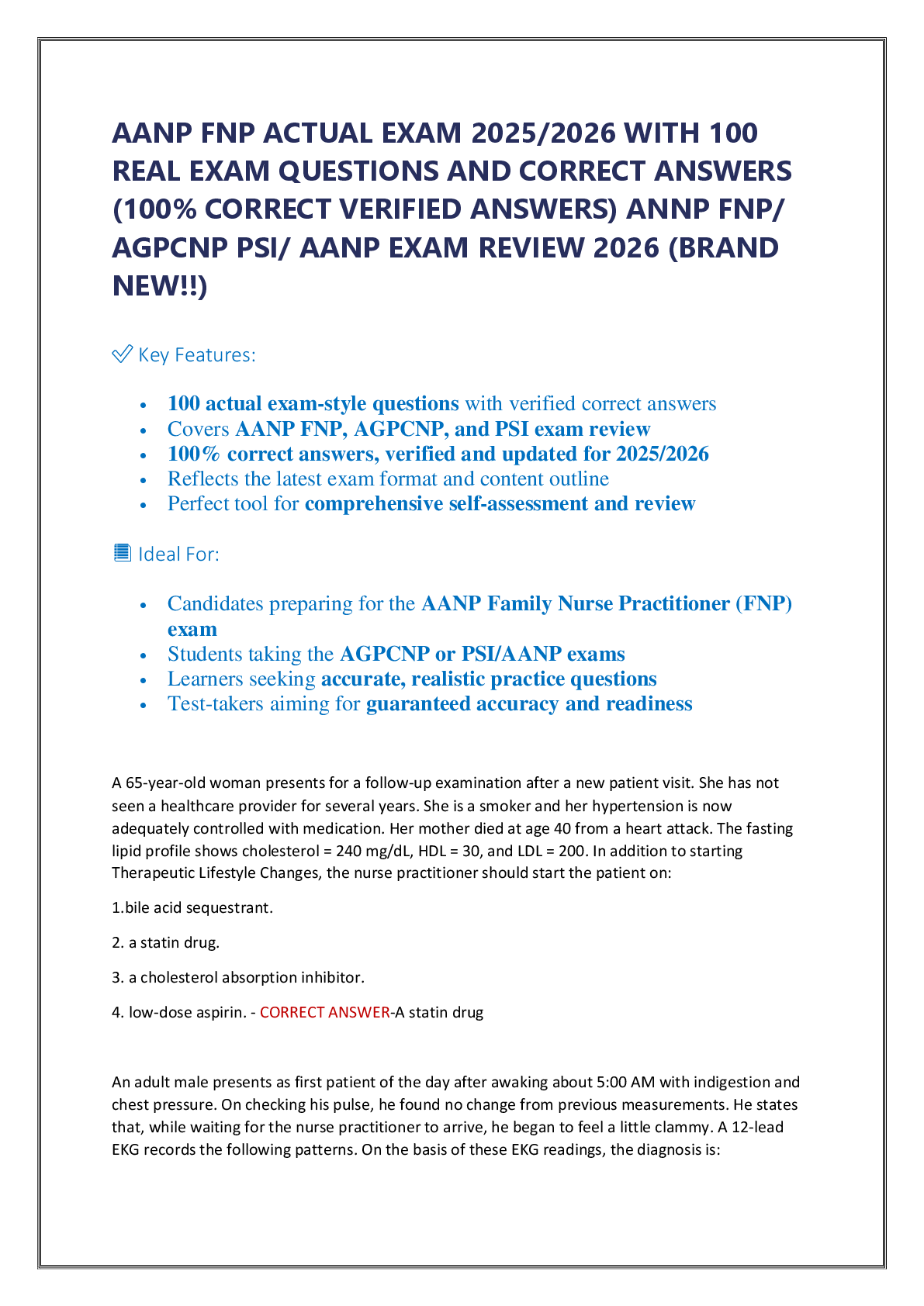 AANP FNP ACTUAL EXAM 2025/2026 WITH 100  REAL EXAM QUESTIONS AND CORRECT ANSWERS  (100% CORRECT VERIFIED ANSWERS) ANNP FNP/  AGPCNP PSI/ AANP EXAM REVIEW 2026 (BRAND  NEW!!)