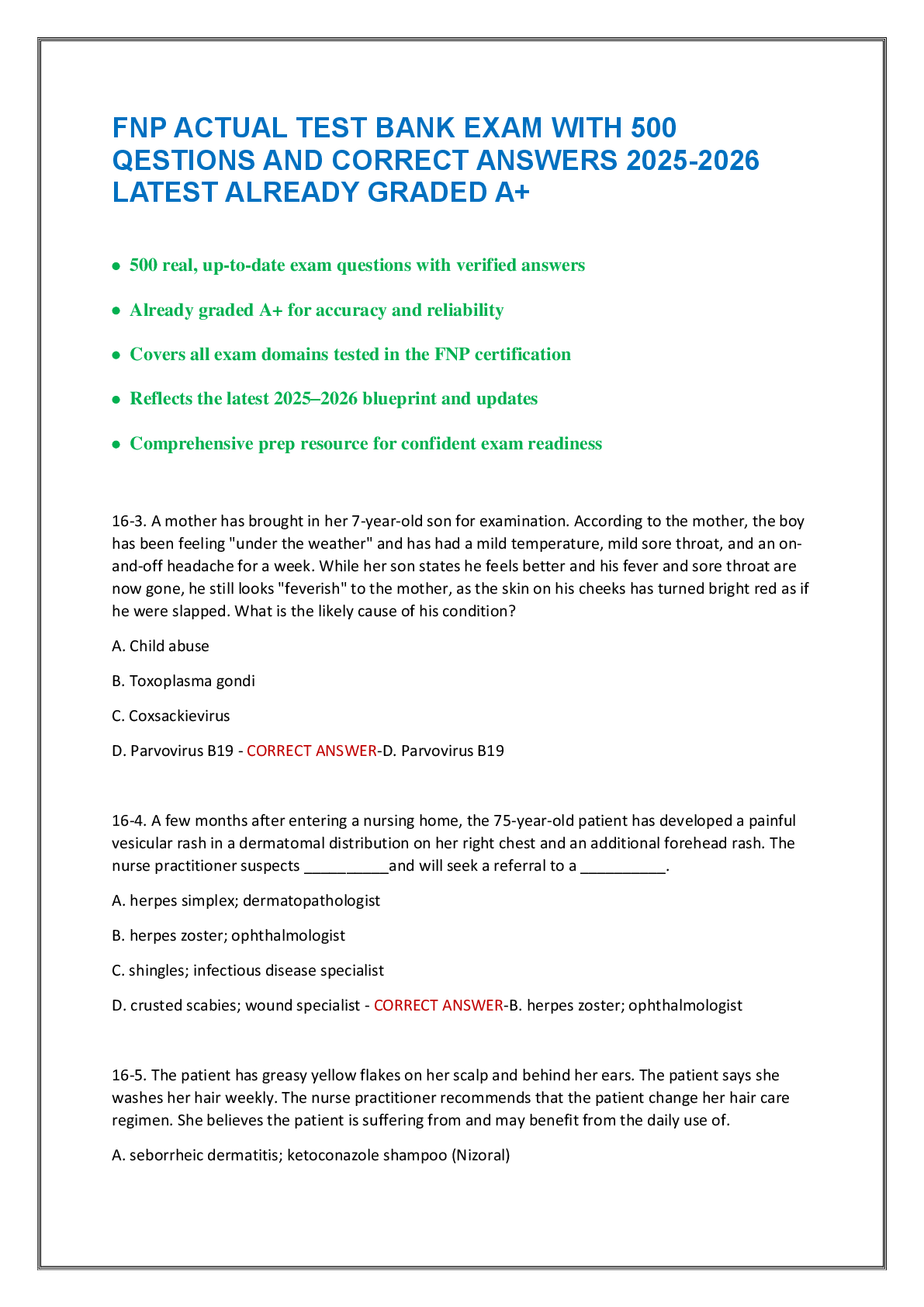 FNP ACTUAL TEST BANK EXAM WITH 500  QESTIONS AND CORRECT ANSWERS 2025-2026  LATEST ALREADY GRADED A+