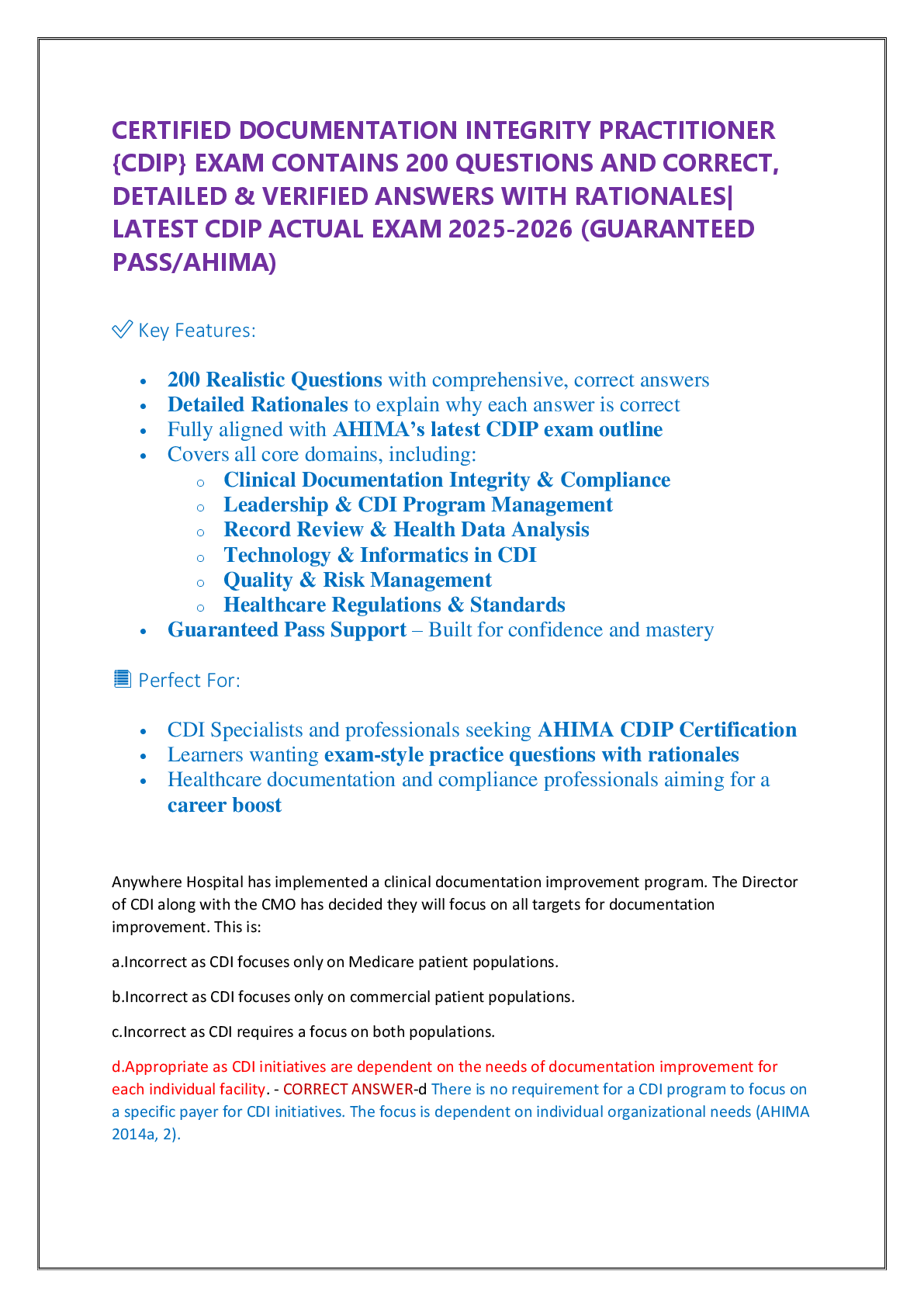 Preview of CERTIFIED DOCUMENTATION INTEGRITY PRACTITIONER   {CDIP} EXAM CONTAINS 200 QUESTIONS AND CO