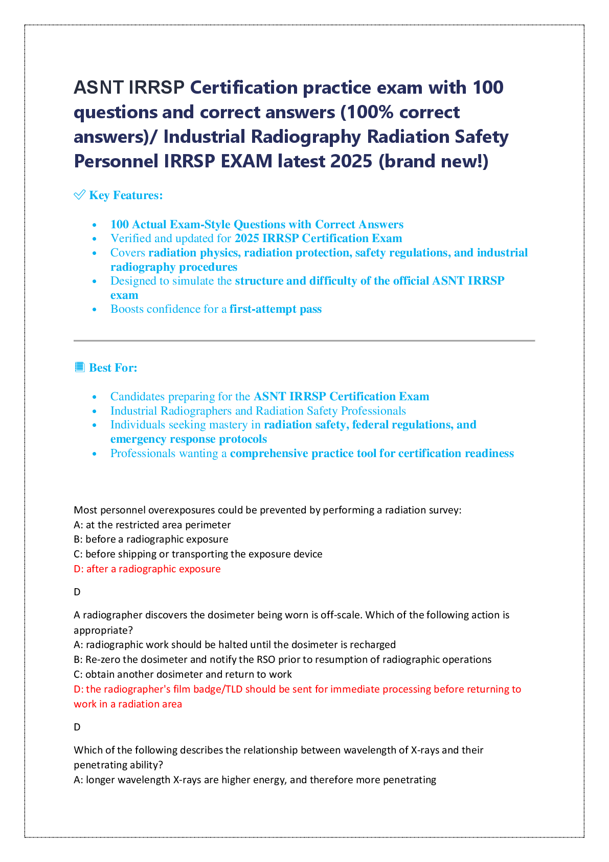ASNT IRRSP Certification practice exam with 100  questions and correct answers (100% correct  answers)/ Industrial Radiography Radiation Safety  Personnel IRRSP EXAM latest 2025 (brand new!)