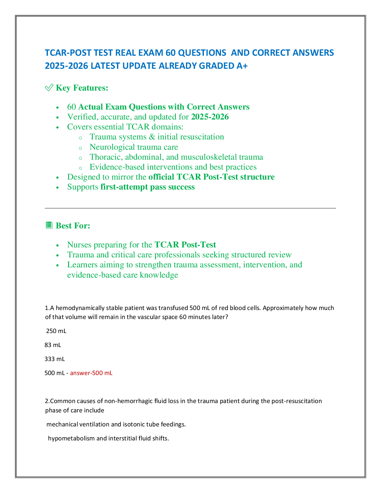 TCAR-POST TEST REAL EXAM 60 QUESTIONS  AND CORRECT ANSWERS  2025-2026 LATEST UPDATE ALREADY GRADED A+