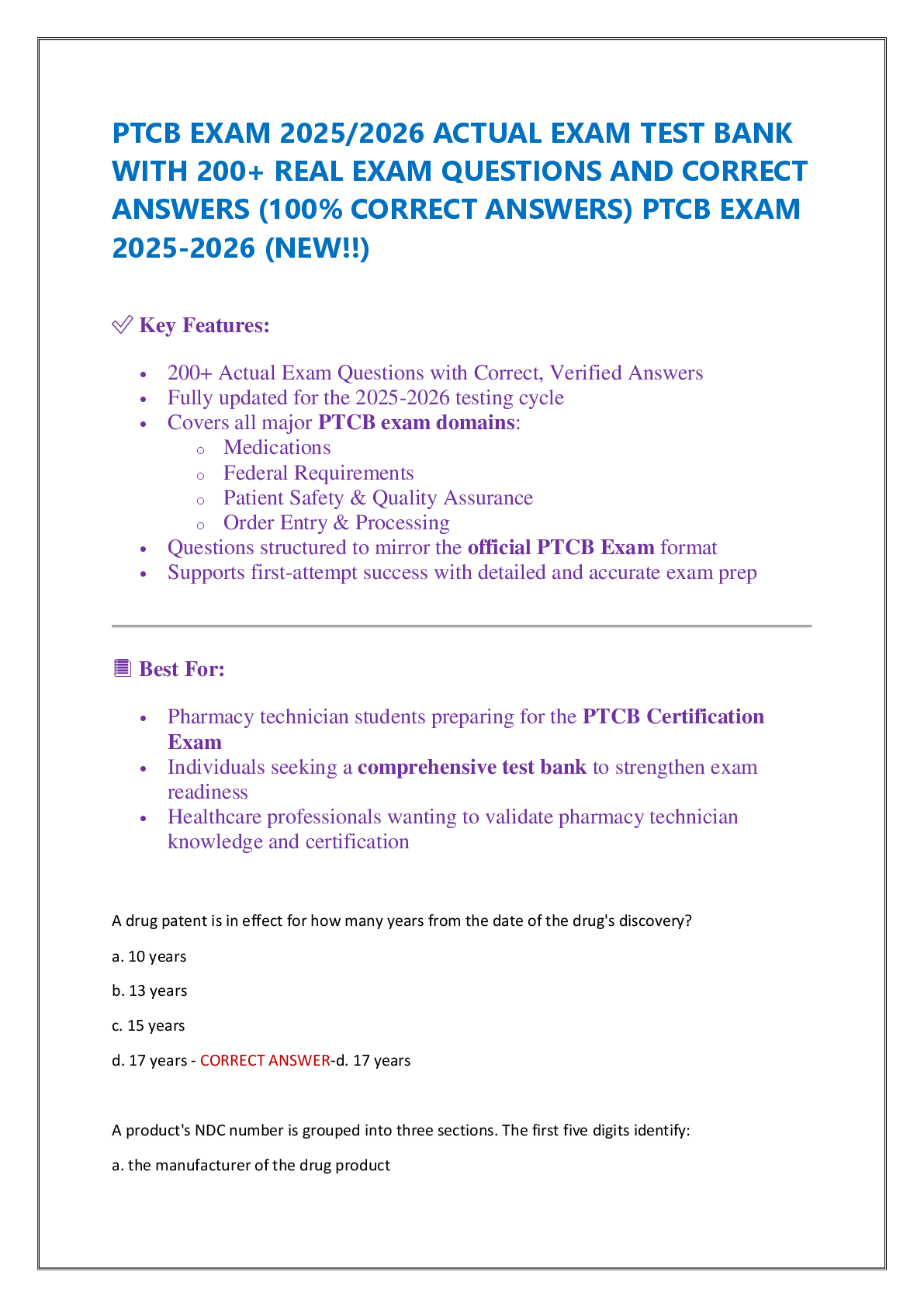 PTCB EXAM 2025/2026 ACTUAL EXAM TEST BANK  WITH 200+ REAL EXAM QUESTIONS AND CORRECT  ANSWERS (100% CORRECT ANSWERS) PTCB EXAM  2025-2026 (NEW!!)