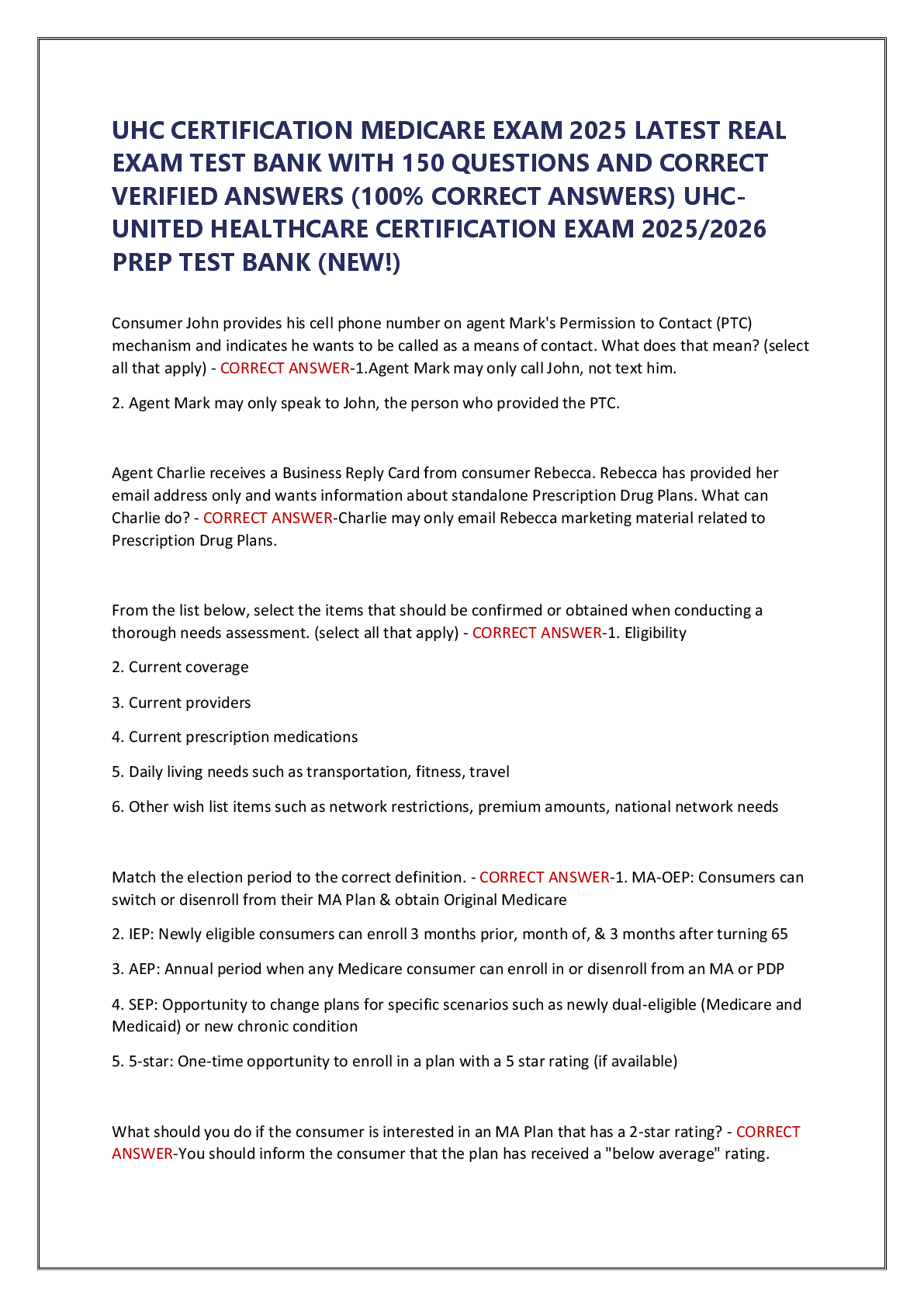 Preview image for UHC CERTIFICATION MEDICARE EXAM 2025 LATEST REAL  EXAM TEST BANK WITH 150 QUESTIONS AND CORRECT  VERIFIED ANSWERS (100% CORRECT ANSWERS) UHC-  UNITED HEALTHCARE CERTIFICATION EXAM 2025/2026  PREP TEST BANK (NEW!)