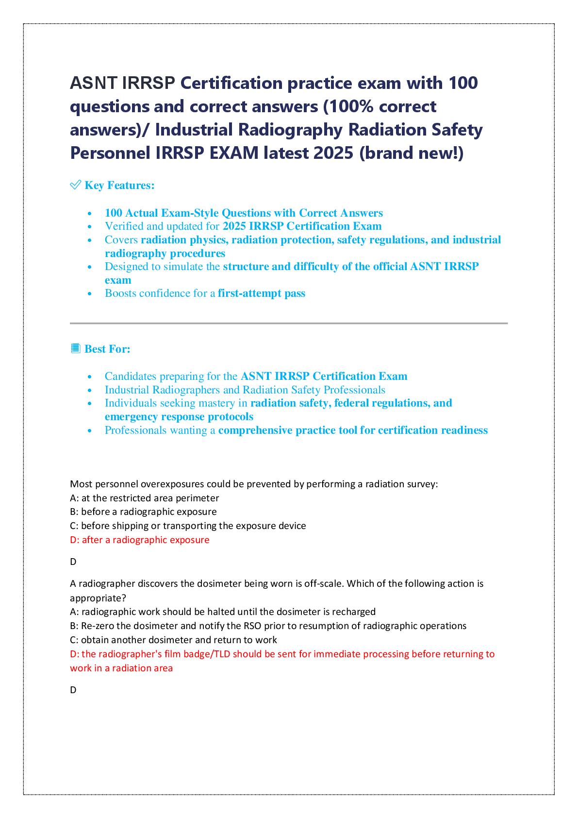 ASNT IRRSP Certification practice exam with 100  questions and correct answers (100% correct  answers)/ Industrial Radiography Radiation Safety  Personnel IRRSP EXAM latest 2025 (brand new!)