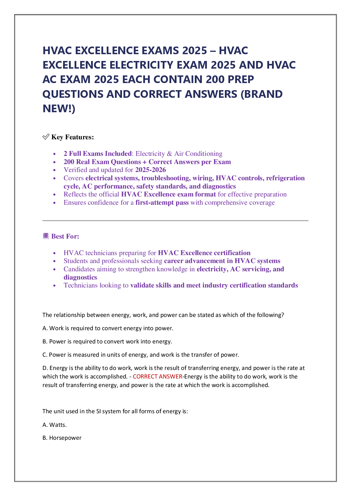 Preview of HVAC EXCELLENCE EXAMS 2025 – HVAC  EXCELLENCE ELECTRICITY EXAM 2025 AND HVAC  AC EXAM 2025