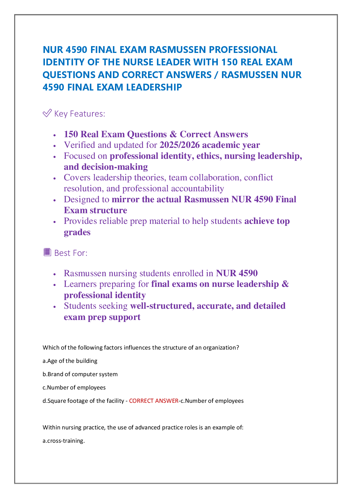 Preview image for NUR 4590 FINAL EXAM RASMUSSEN PROFESSIONAL  IDENTITY OF THE NURSE LEADER WITH 150 REAL EXAM  QUESTIONS AND CORRECT ANSWERS / RASMUSSEN NUR  4590 FINAL EXAM LEADERSHIP