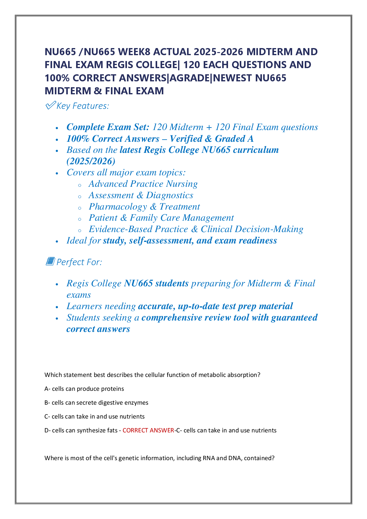 Recommended document preview for NU665 /NU665 WEEK8 ACTUAL 2025-2026 MIDTERM AND  FINAL EXAM REGIS COLLEGE| 120 EACH QUESTIONS AND  100% CORRECT ANSWERS|AGRADE|NEWEST NU665  MIDTERM & FINAL EXAM