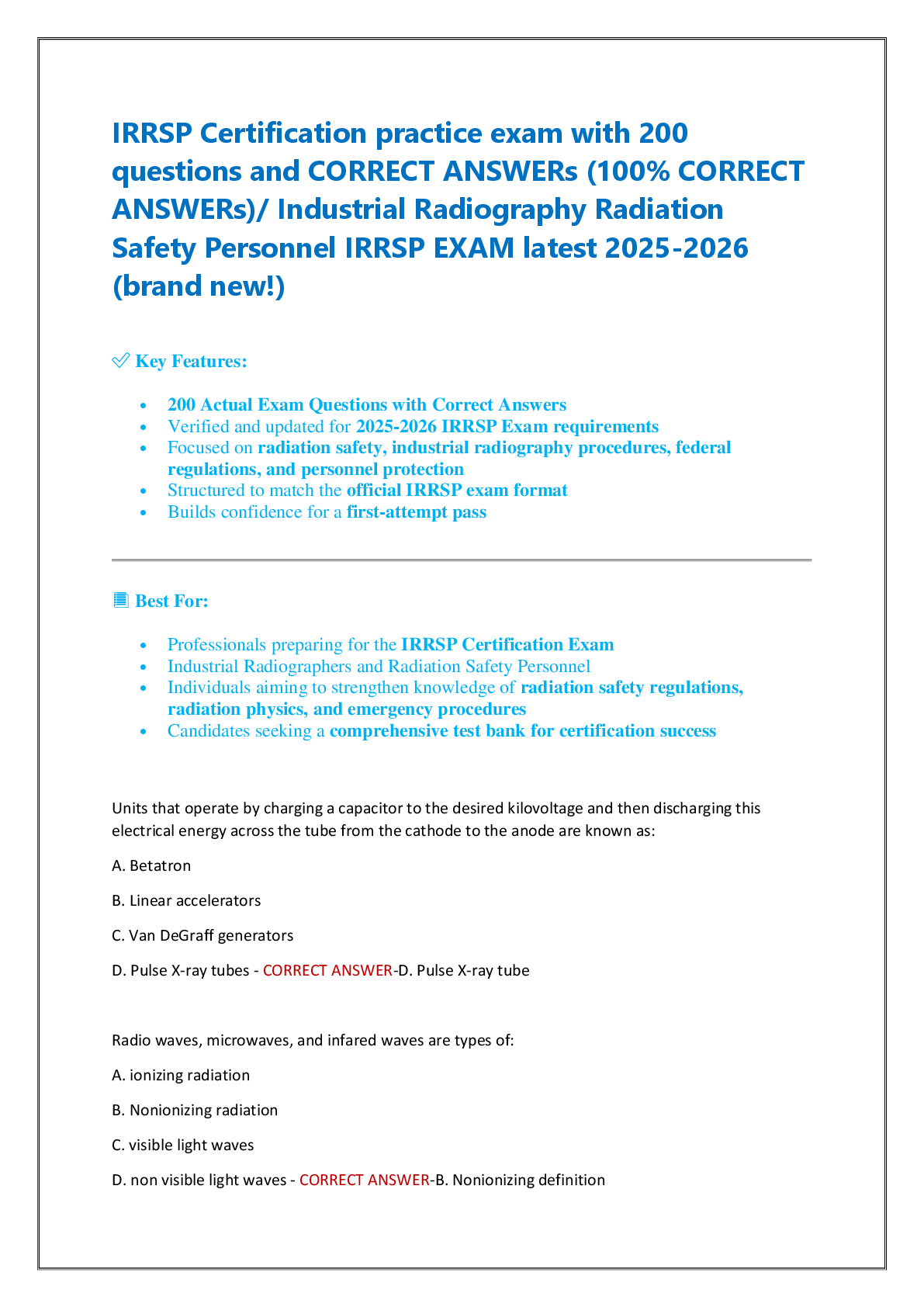IRRSP Certification practice exam with 200  questions and CORRECT ANSWERs (100% CORRECT  ANSWERs)/ Industrial Radiography Radiation  Safety Personnel IRRSP EXAM latest 2025-2026  (brand new!)