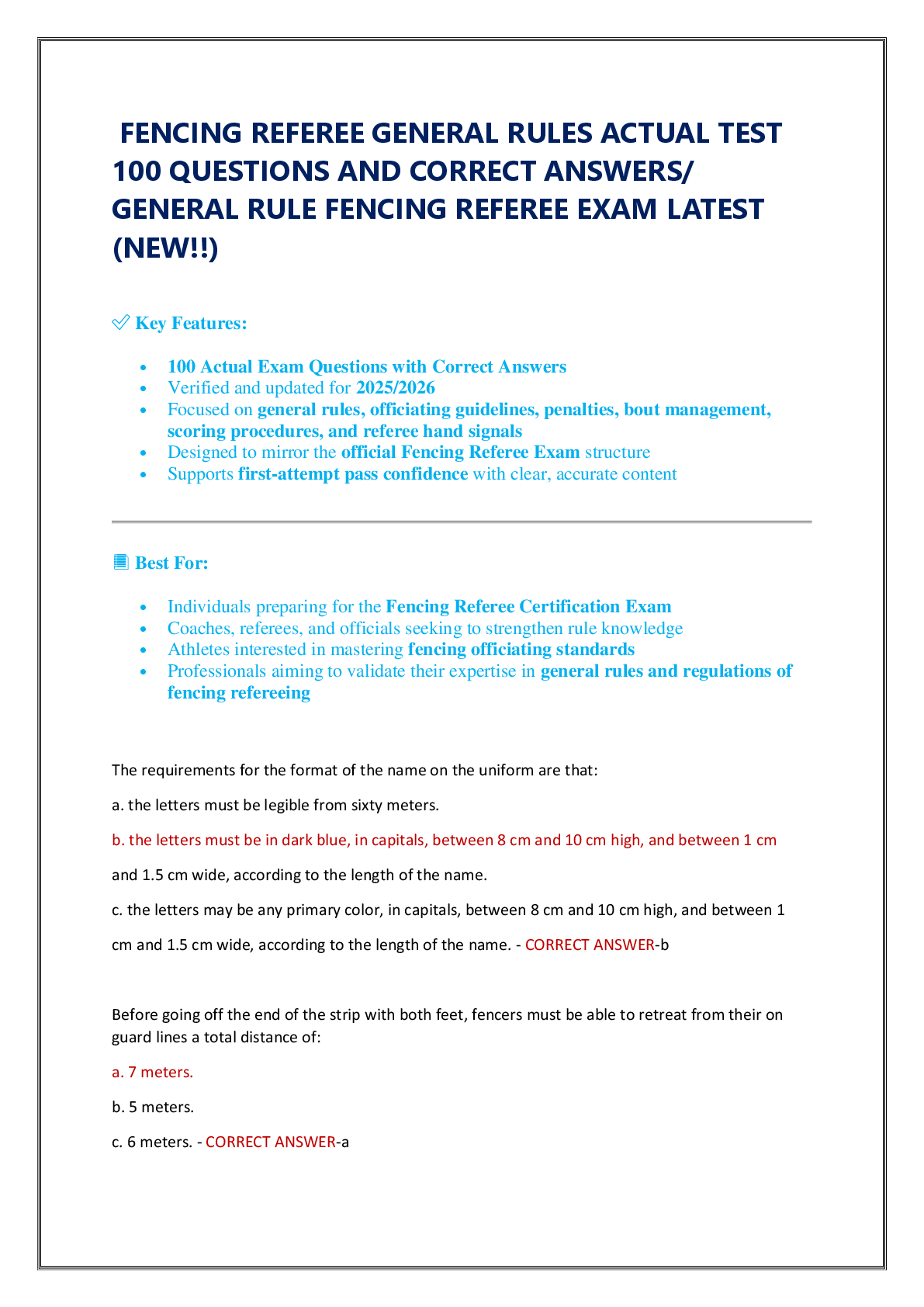 FENCING REFEREE GENERAL RULES ACTUAL TEST  100 QUESTIONS AND CORRECT ANSWERS/  GENERAL RULE FENCING REFEREE EXAM LATEST  (NEW!!)