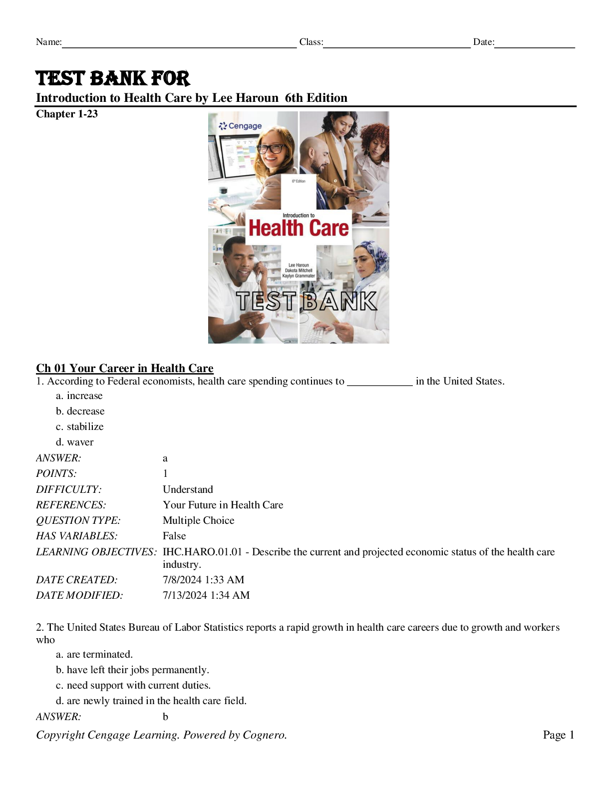 Preview image for Test Bank For Introduction To Health Care 6th Edition By Lee Haroun Chapter 1-23 A+