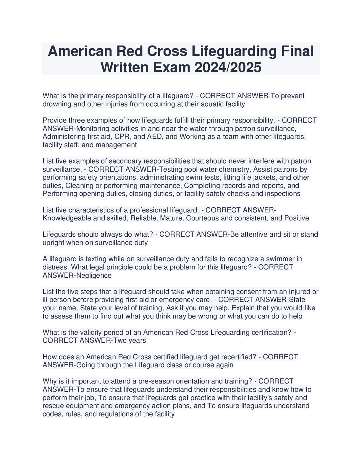 Preview of American Red Cross Lifeguarding Final Written Exam 2024/2025