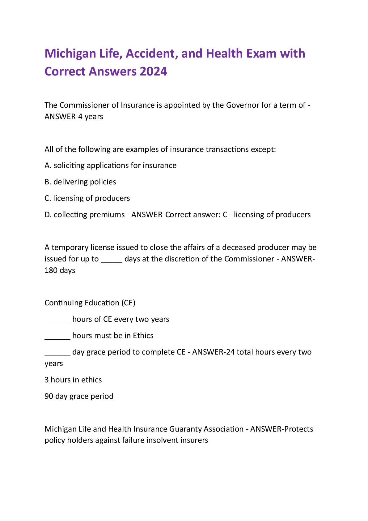 Preview image for Michigan Life, Accident, and Health Exam with  Correct Answers 2024