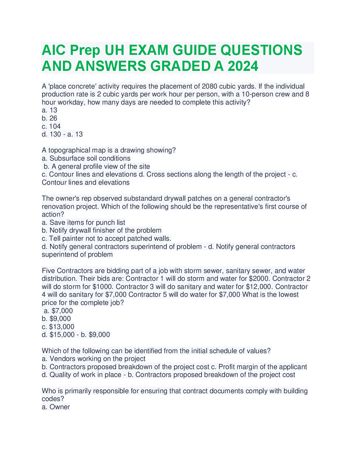 Recommended document preview for AIC Prep UH EXAM GUIDE QUESTIONS AND ANSWERS GRADED A 2024    A