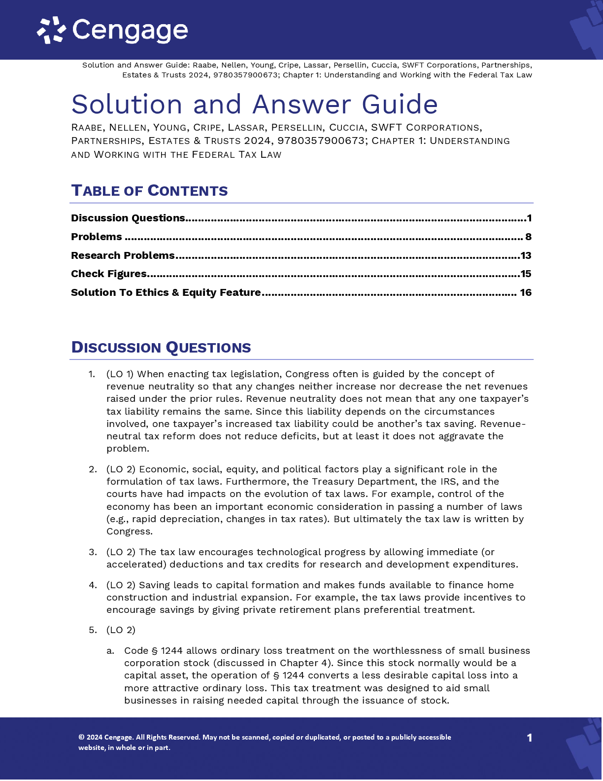 Preview image for Solution and Answer Guide RAABE, NELLEN, YOUNG, CRIPE, LASSAR, PERSELLIN, CUCCIA, SWFT CORPORATIONS, PARTNERSHIPS, ESTATES & TRUSTS 2024, 9780357900673 A+
