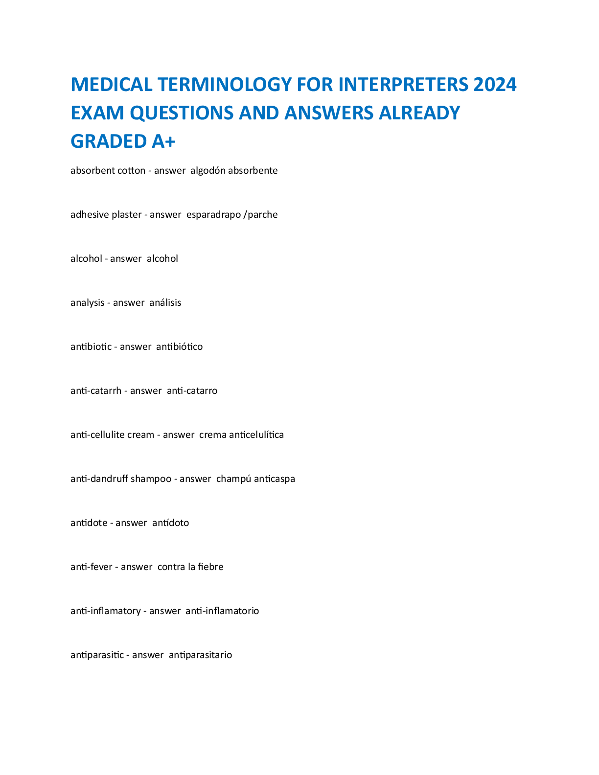 Preview image for MEDICAL TERMINOLOGY FOR INTERPRETERS 2024  EXAM QUESTIONS AND ANSWERS ALREADY  GRADED A+