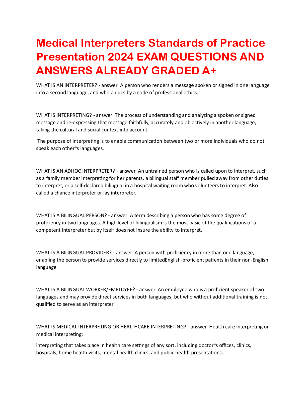 Preview image for Medical Interpreters Standards of Practice   Presentation 2024 EXAM QUESTIONS AND  ANSWERS ALREADY GRADED A+