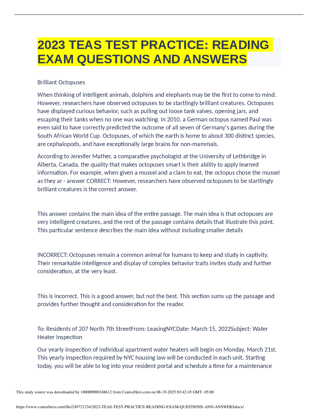 Preview of 2023 TEAS TEST PRACTICE: READING EXAM QUESTIONS AND ANSWERS