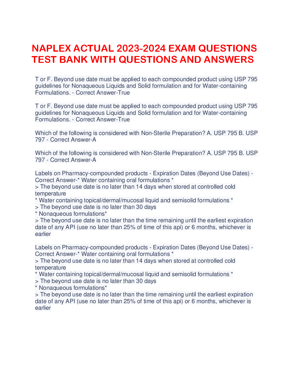 Preview image for NAPLEX ACTUAL 2023-2024 EXAM QUESTIONS  TEST BANK WITH QUESTIONS AND ANSWERS