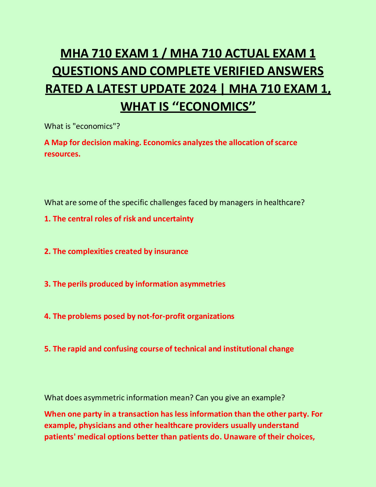 Preview image for MHA 710 EXAM 1 / MHA 710 ACTUAL EXAM 1  QUESTIONS AND COMPLETE VERIFIED ANSWERS  RATED A LATEST UPDATE 2024 | MHA 710 EXAM 1,  WHAT IS ‘‘ECONOMICS’’
