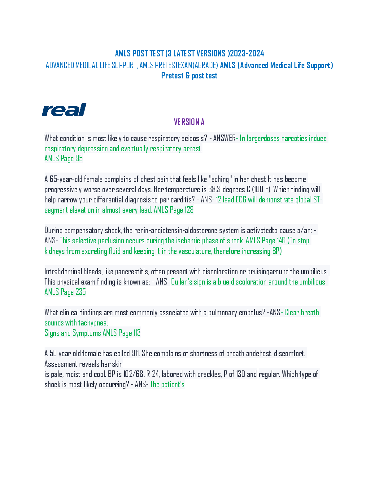 Preview of AMLS POST TEST (3 LATEST VERSIONS )2023-2024 ADVANCED MEDICAL LIFE SUPPORT, AMLS PRETEST E