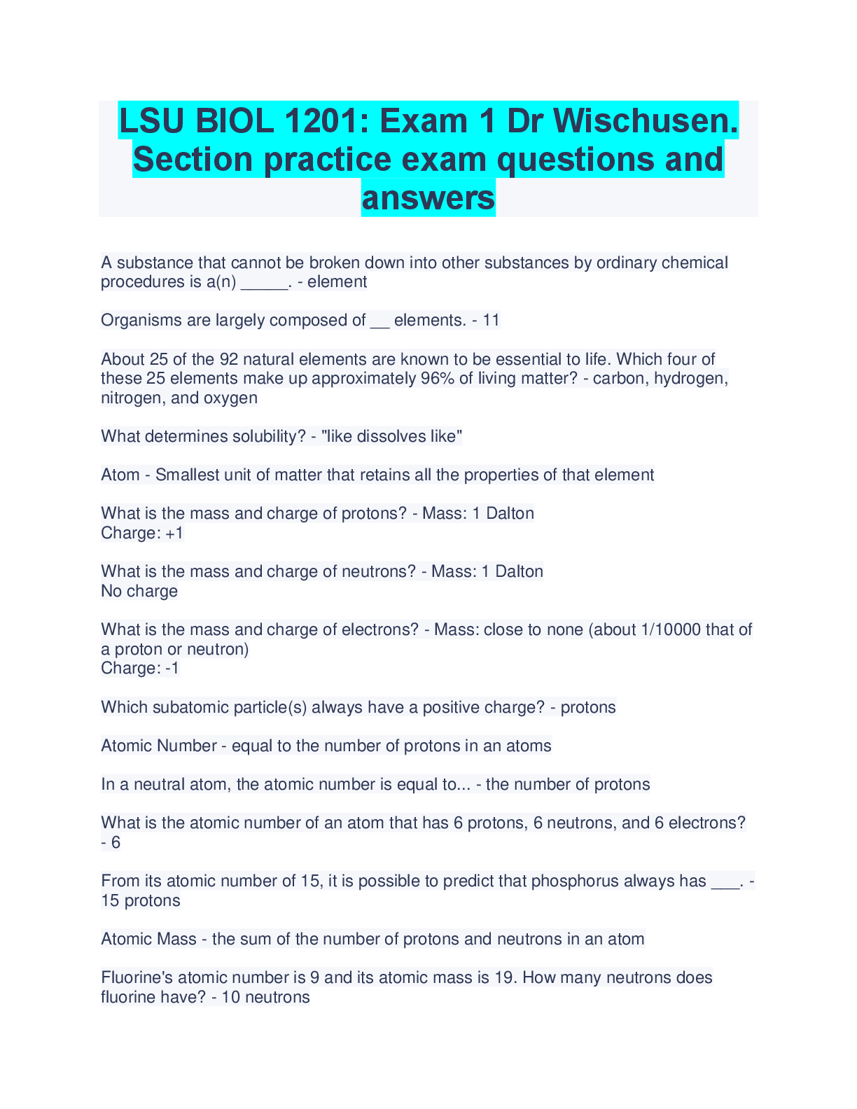 Preview of LSU BIOL 1201: Exam 1 Dr Wischusen. Section practice exam questions and answers