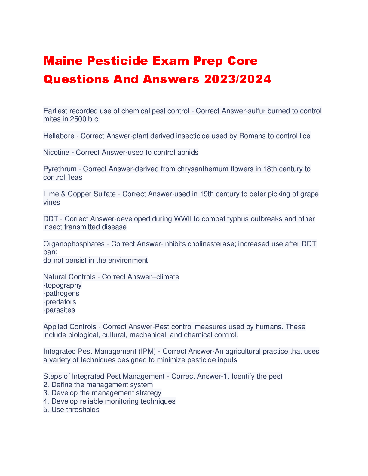 Preview image for Maine Pesticide Exam Prep Core  Questions And Answers 2023/2024