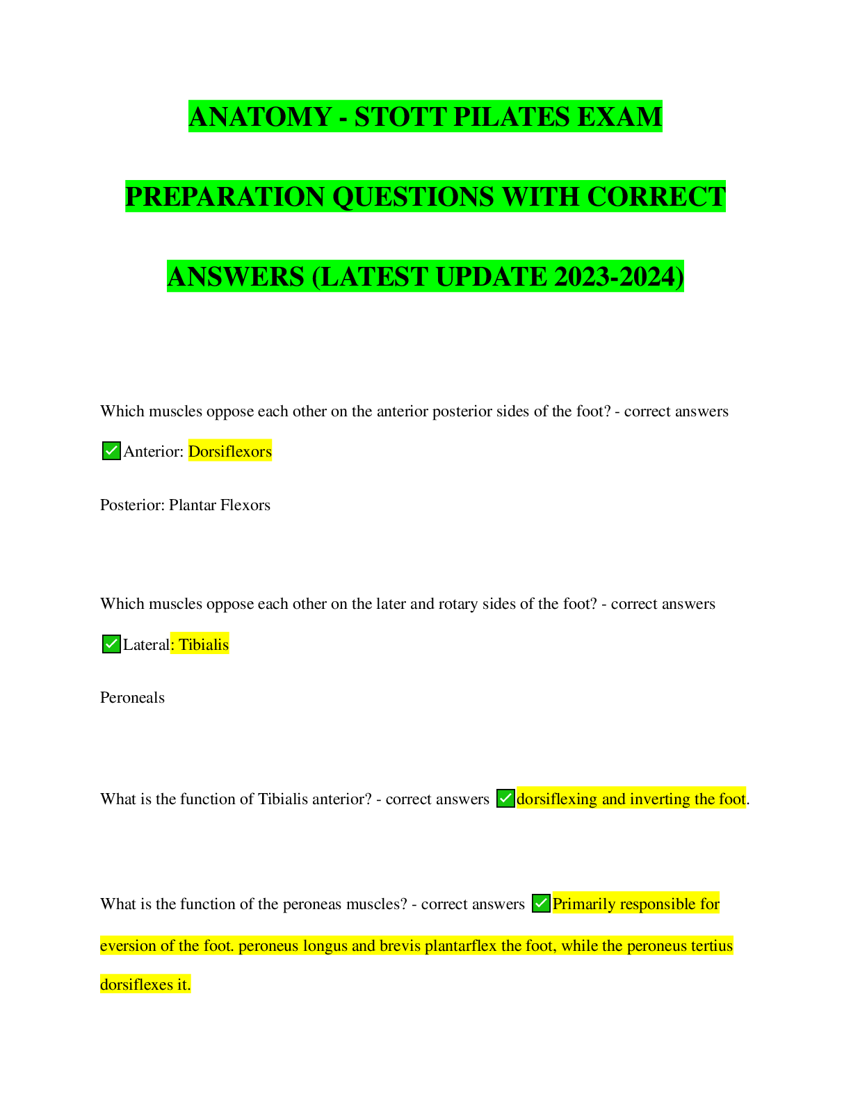 Preview of ANATOMY - STOTT PILATES EXAM  PREPARATION QUESTIONS WITH CORRECT  ANSWERS (LATEST UPDATE 2023-2024)