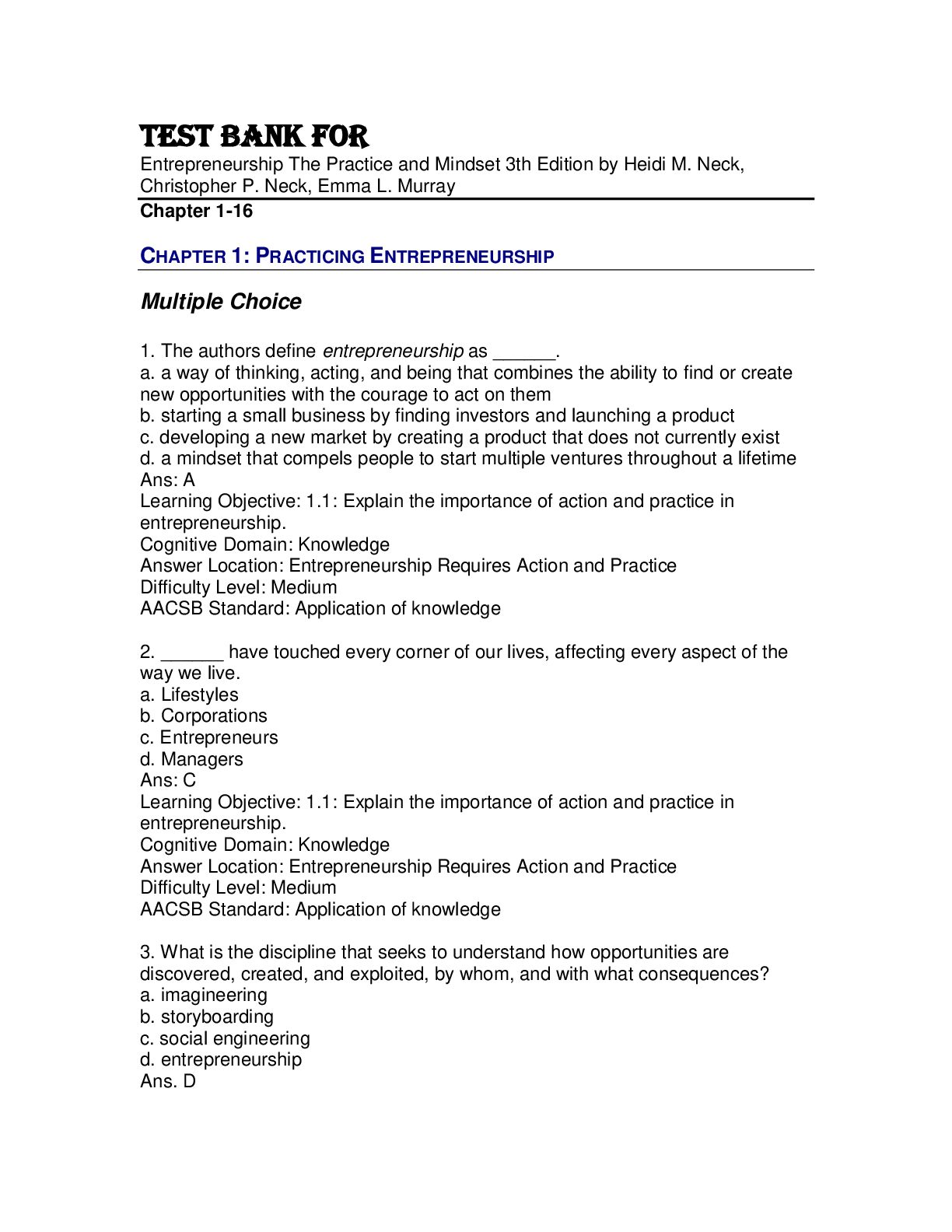 Preview image for Test Bank For Entrepreneurship The Practice and Mindset 3th Edition by Heidi M. Neck, Christopher P. Neck, Emma L. Murray Chapter 1-16