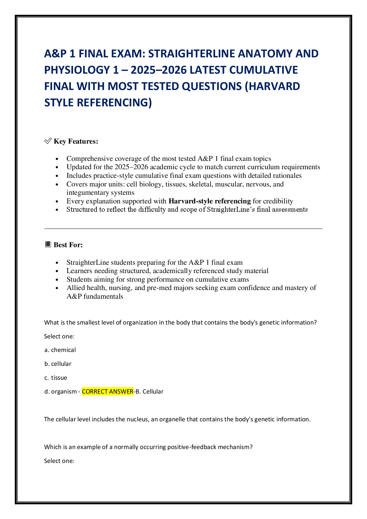 A&P 1 FINAL EXAM: STRAIGHTERLINE ANATOMY AND  PHYSIOLOGY 1 – 2025–2026 LATEST CUMULATIVE  FINAL WITH MOST TESTED QUESTIONS (HARVARD STYLE REFERENCING)