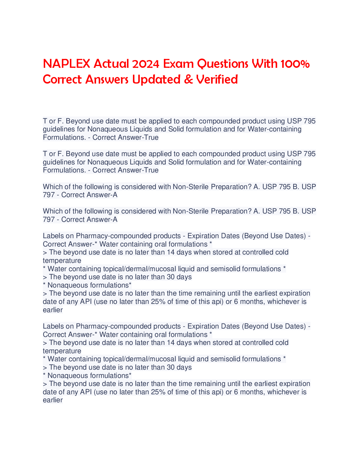 Preview image for NAPLEX Actual 2024 Exam Questions With 100%  Correct Answers Updated & Verified