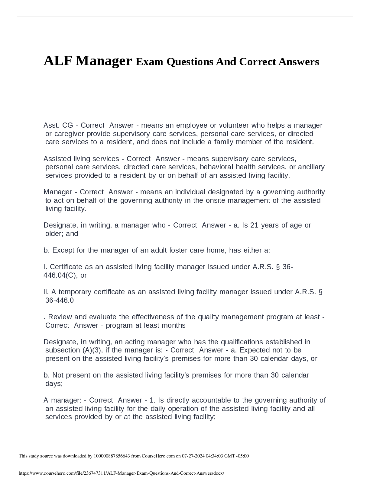 Preview of ALF Manager Exam Questions And Correct Answers