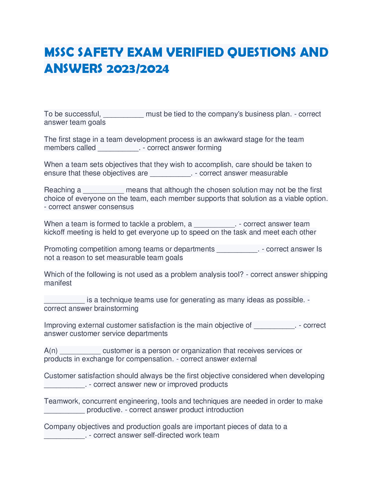 Preview image for MSSC SAFETY EXAM VERIFIED QUESTIONS AND  ANSWERS 2023/2024