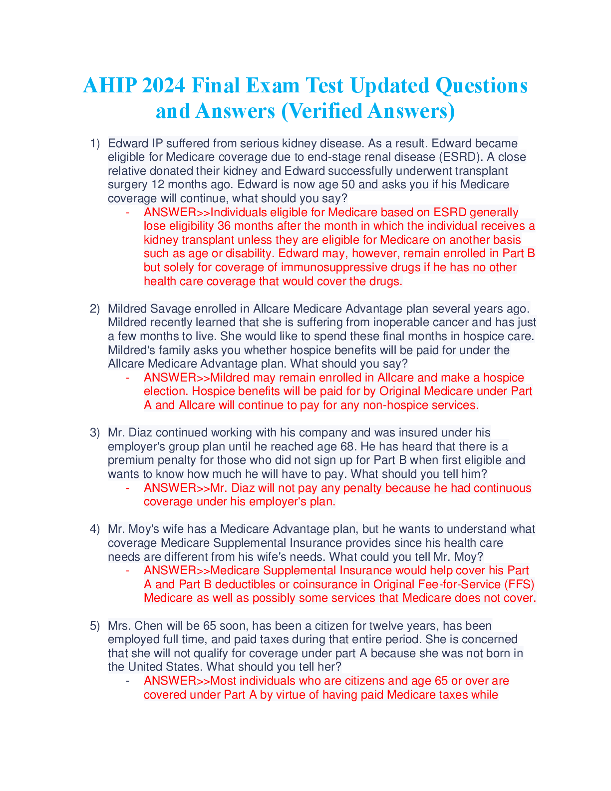 Preview of AHIP 2024 Final Exam Test Updated Questions and Answers (Verified Answers)