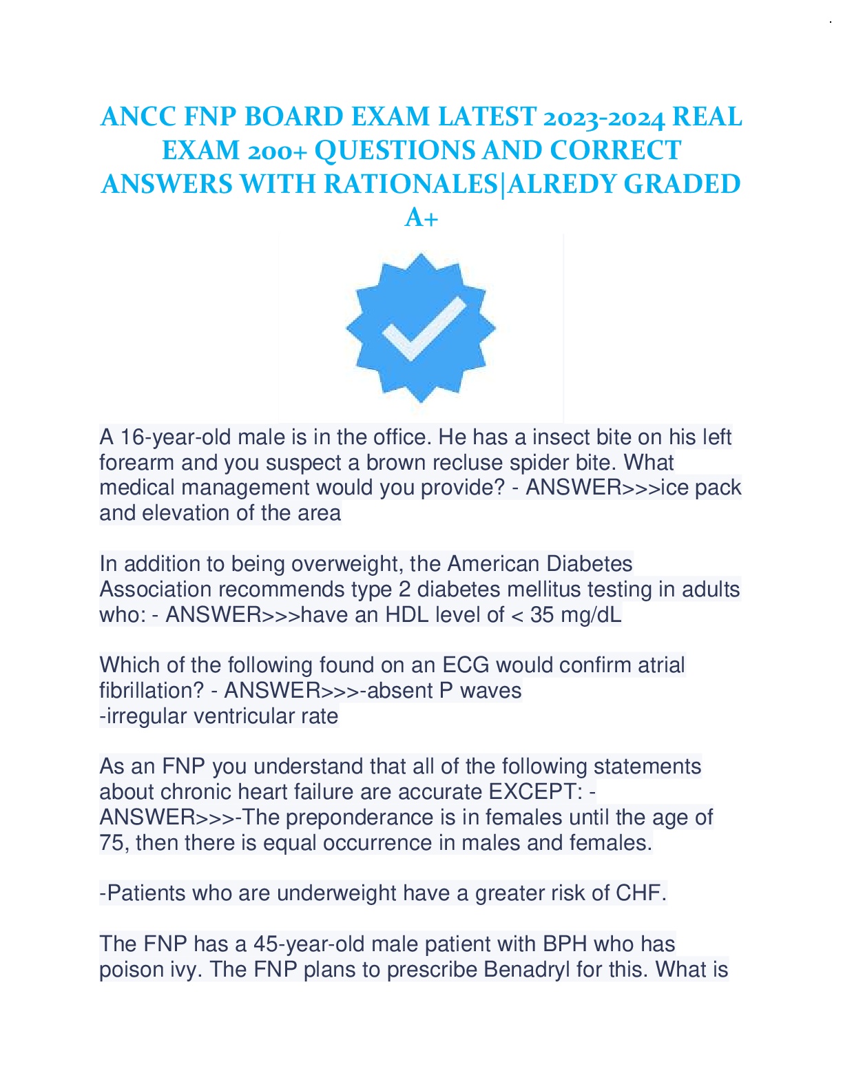 Preview of ANCC FNP BOARD EXAM LATEST 2023-2024 REAL EXAM 200+ QUESTIONS AND CORRECT ANSWERS WITH RAT