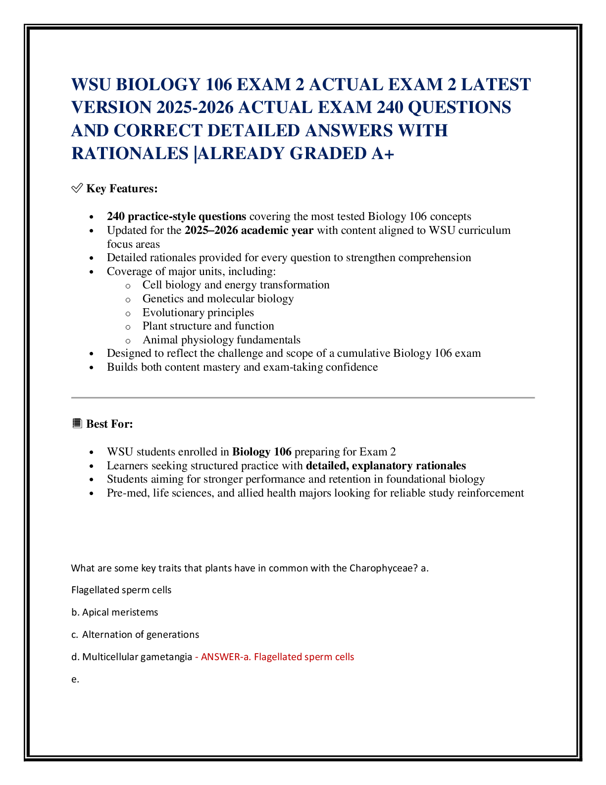 WSU BIOLOGY 106 EXAM 2 ACTUAL EXAM 2 LATEST  VERSION 2025-2026 ACTUAL EXAM 240 QUESTIONS  AND CORRECT DETAILED ANSWERS WITH RATIONALES |ALREADY GRADED A+