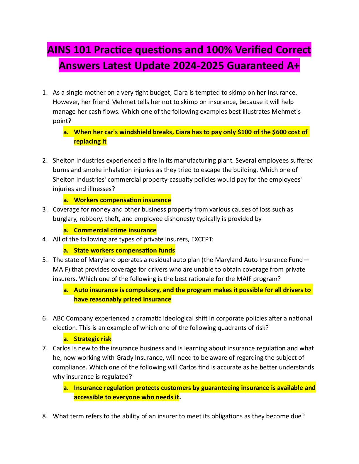 Preview of AINS 101 Practice questions and 100% Verified Correct Answers Latest Update 2024-2025 Guaranteed A+