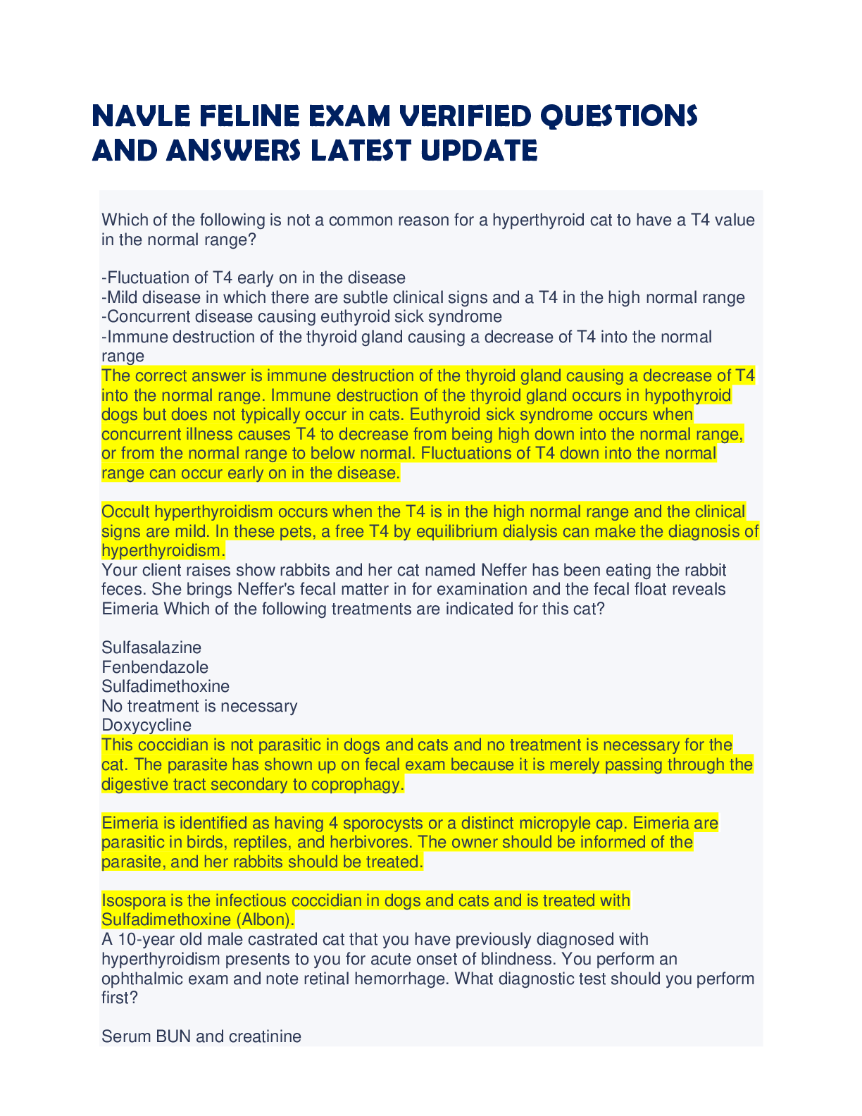 Preview image for NAVLE FELINE EXAM VERIFIED QUESTIONS  AND ANSWERS LATEST UPDATE