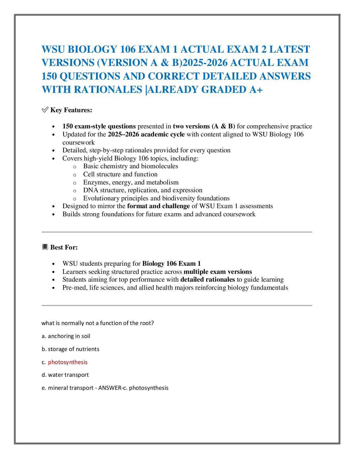 WSU BIOLOGY 106 EXAM 1 ACTUAL EXAM 2 LATEST  VERSIONS (VERSION A & B)2025-2026 ACTUAL EXAM  150 QUESTIONS AND CORRECT DETAILED ANSWERS WITH RATIONALES |ALREADY GRADED A+