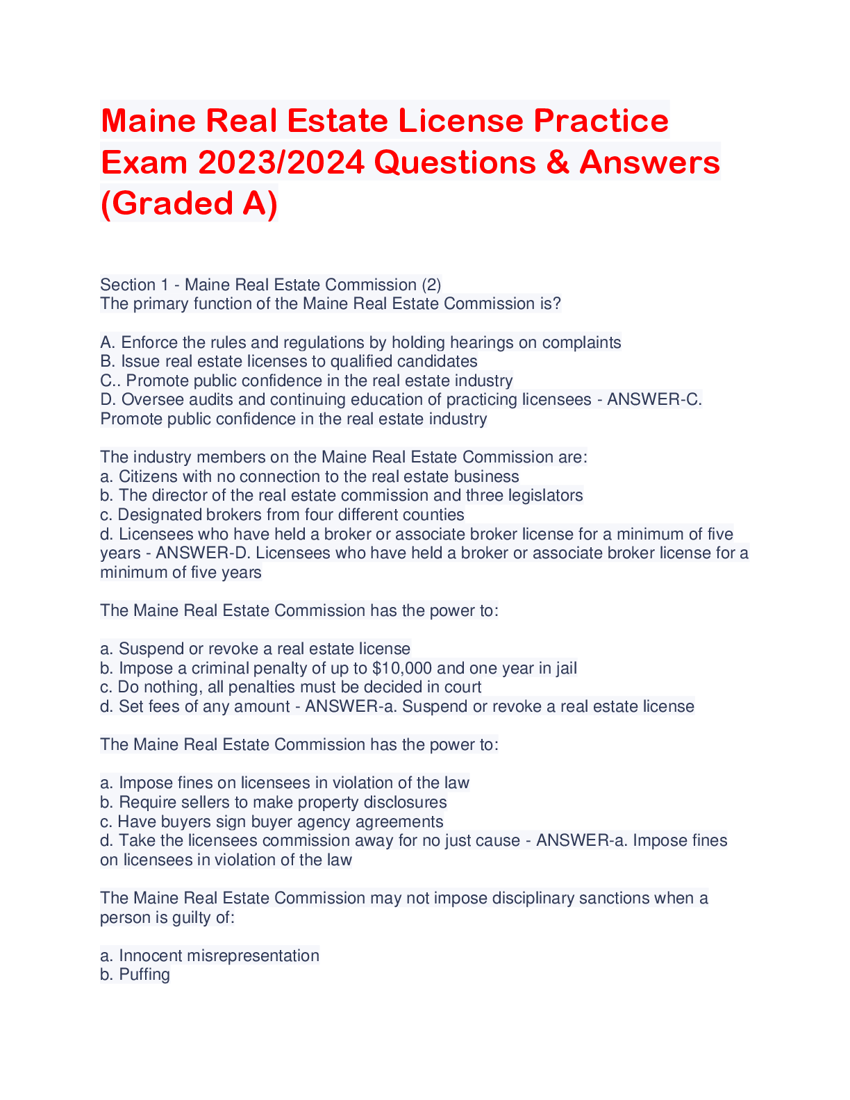 Preview image for Maine Real Estate License Practice  Exam 2023/2024 Questions & Answers  (Graded A)