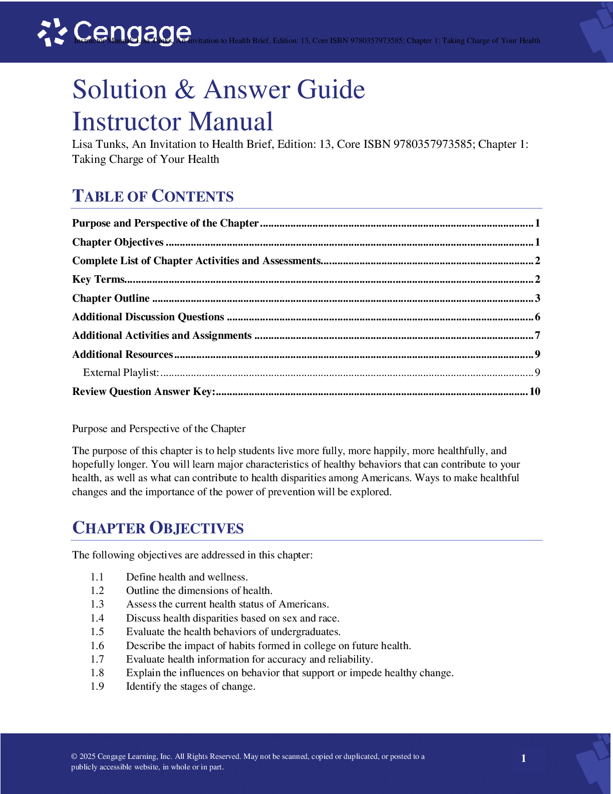 Preview image for Solution & Answer Guide Instructor Manual Lisa Tunks, An Invitation to Health Brief, Edition: 13, Core ISBN 9780357973585 A+