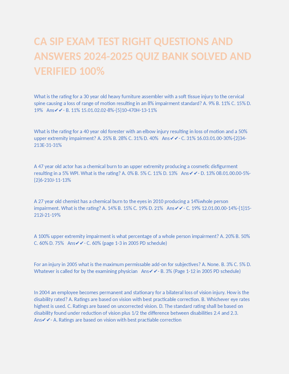Preview image for CA SIP EXAM TEST RIGHT QUESTIONS AND ANSWERS 2024-2025 QUIZ BANK SOLVED AND VERIFIED 100%