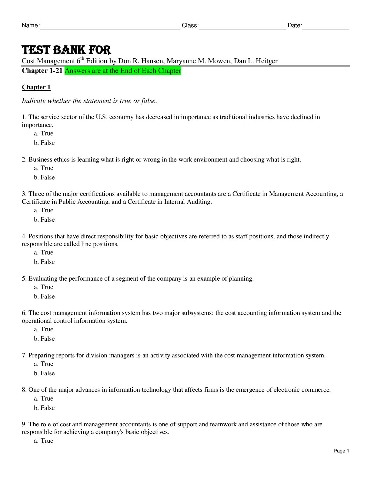 Preview image for Test Bank For Cost Management 6th Edition by Don R. Hansen, Maryanne M. Mowen, Dan L. Heitger  Chapter 1-21 A+