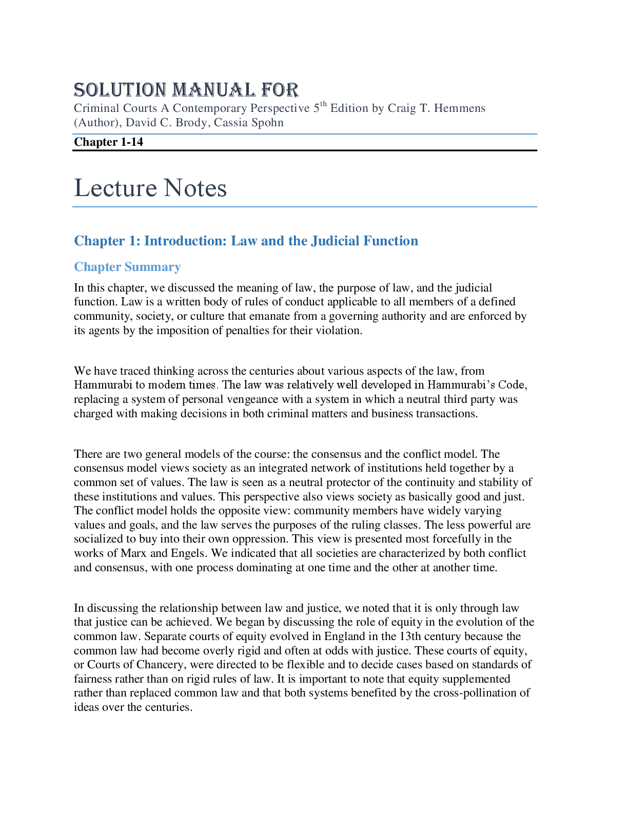 Preview image for Solution Manual For Criminal Courts A Contemporary Perspective 5th Edition by Craig T. Hemmens (Author), David C. Brody, Cassia Spohn Chapter 1-14