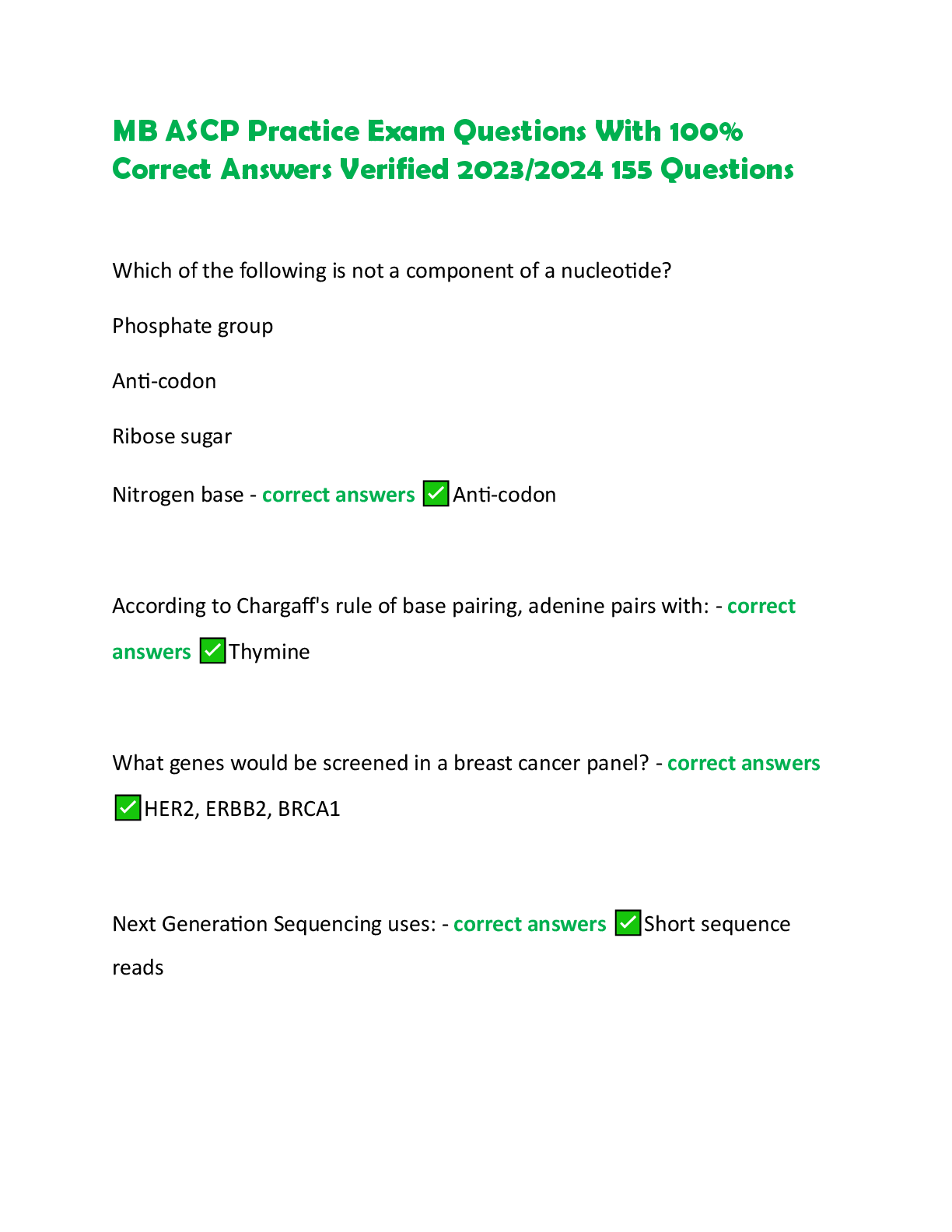 Preview image for MB ASCP Practice Exam Questions With 100%  Correct Answers Verified 2023/2024 155 Questions