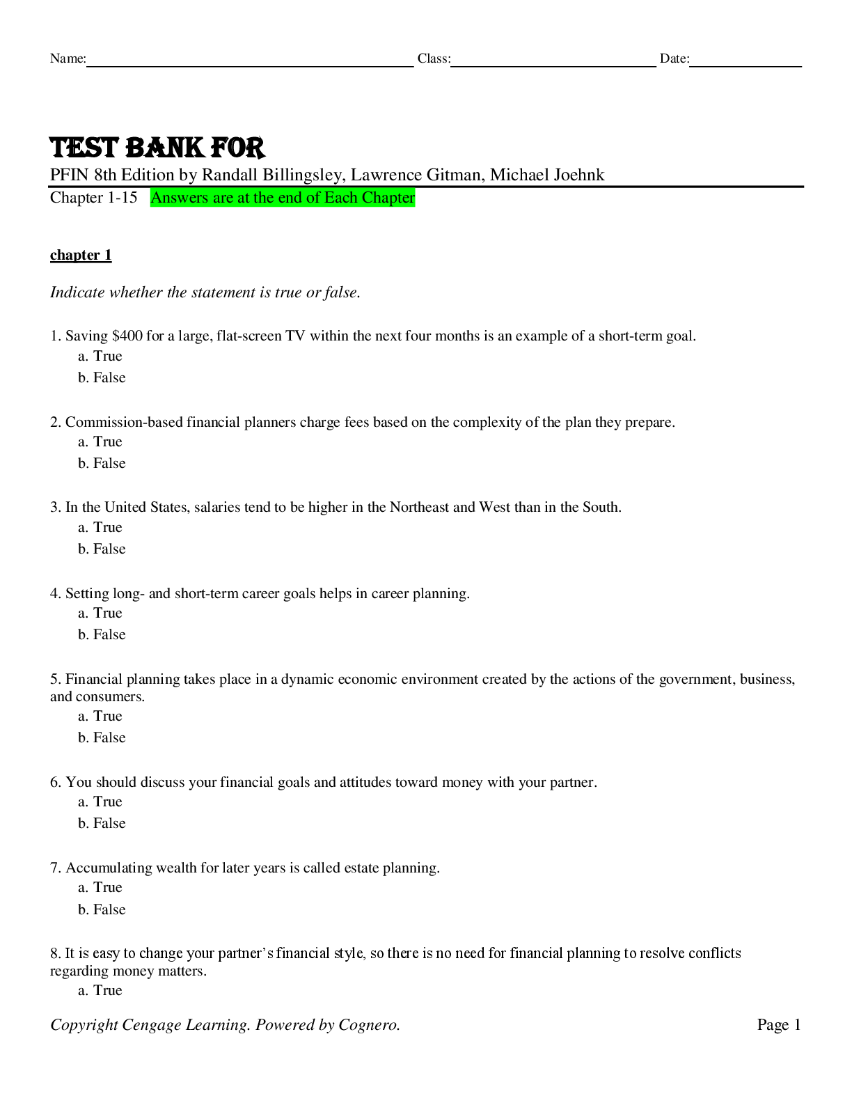Preview image for TEST BANK FOR PFIN 8th Edition by Randall Billingsley, Lawrence Gitman, Michael Joehnk Chapter 1-15 A+