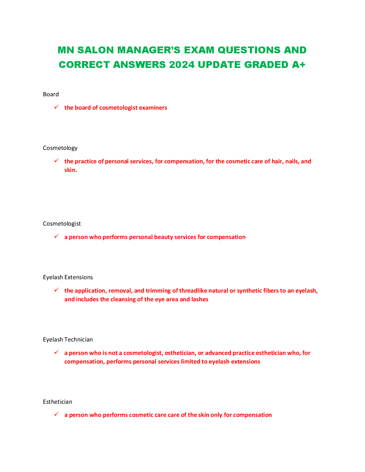 Preview image for MN SALON MANAGER’S EXAM QUESTIONS AND  CORRECT ANSWERS 2024 UPDATE GRADED A+