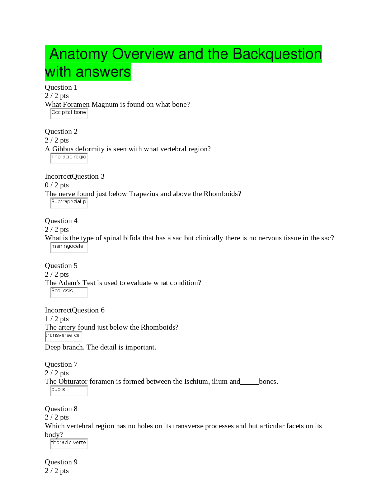 Preview of Anatomy Overview and the Backquestion with answers