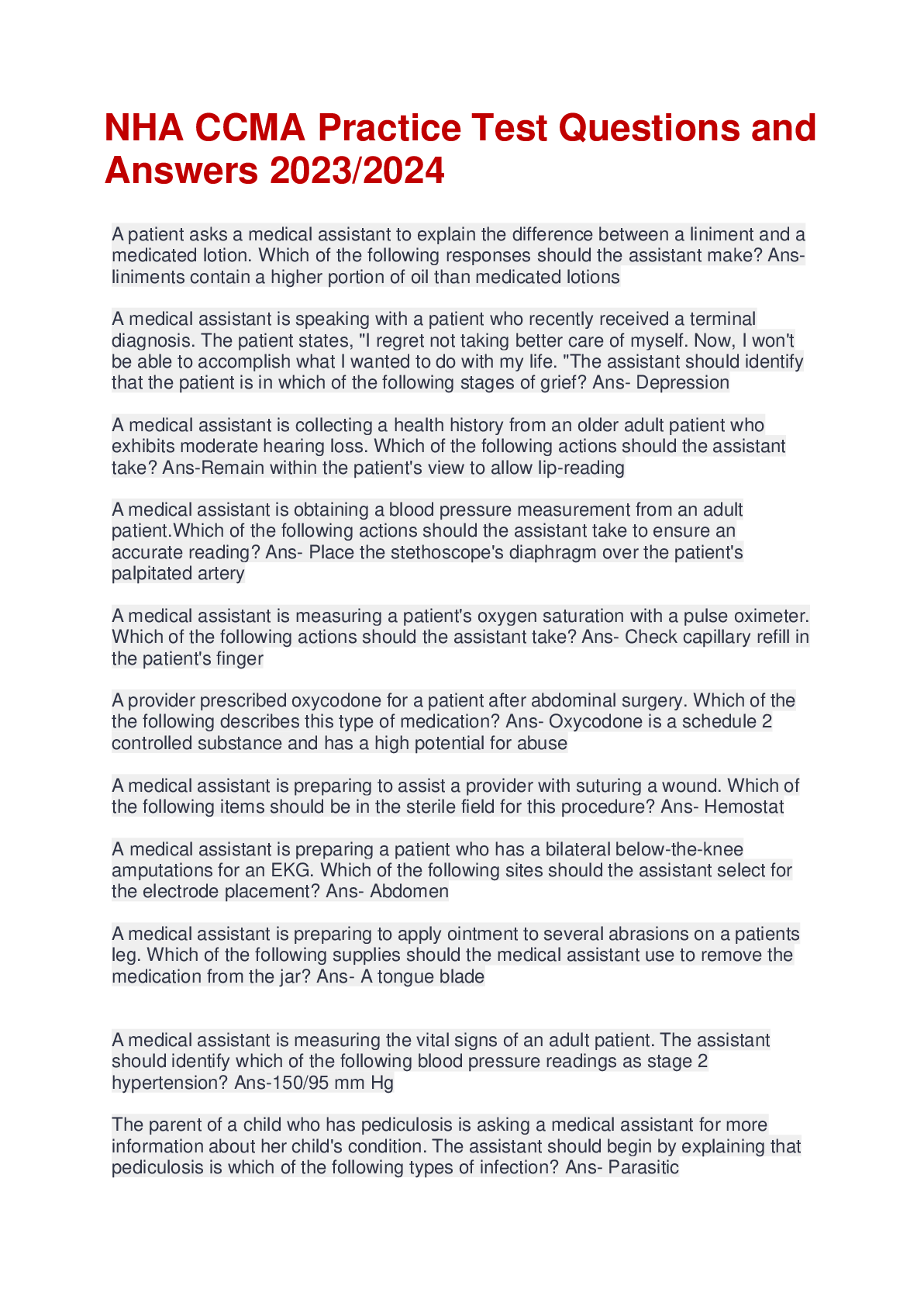 Preview image for NHA CCMA Practice Test Questions and  Answers 2023/2024